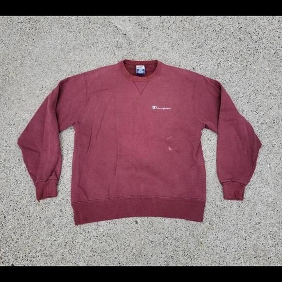 Vtg 90s CHAMPION Small Spellout Logo Burgundy Plain Crewneck Sweatshirt L USA - Picture 1 of 4
